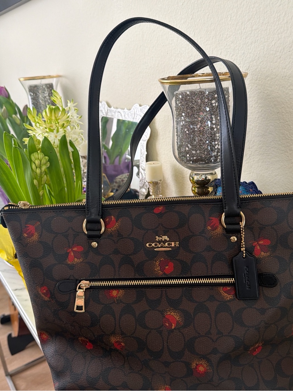 Coach Brown Signature Monogram Tote with Red Floral Accents - Picture 15 of 15